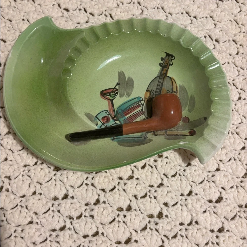 Vintage 1950’s CERAMIC PIPE Hand Painted Martini Glass Violin Tobacco ASHTRAY